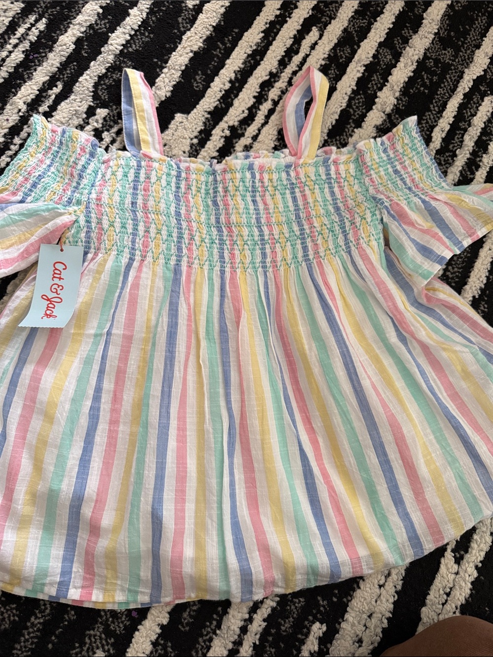 Cat & Jack Girls' Rainbow Stripe Off-Shoulder Top - Pastel